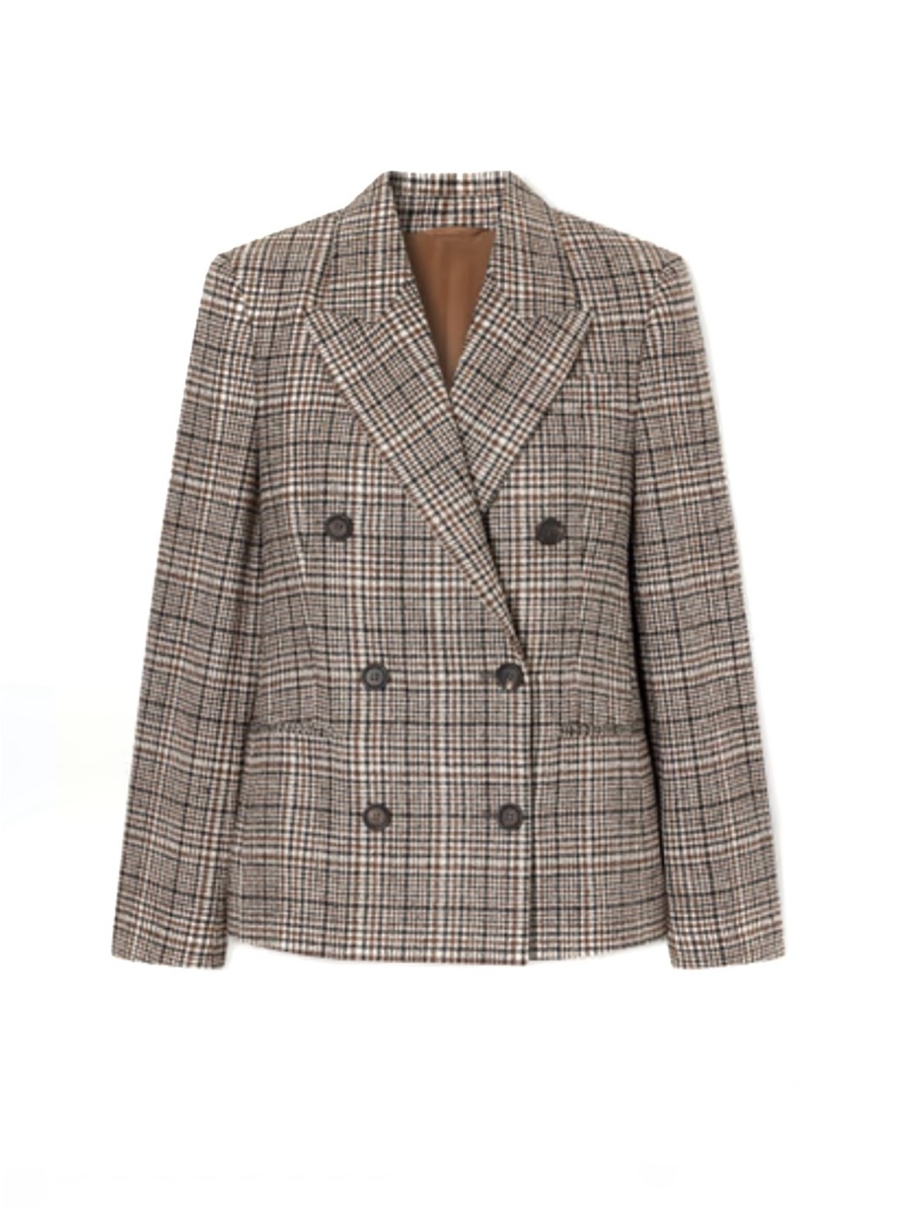 7 For All Mankind Brown Cream and Blue Plaid Houndstooth Double-Breasted Blazer